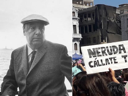 A la izquierda el poeta chileno Pablo Neruda, en una foto de archivo. A la derecha, una pancarta en su contra durante una protesta feminista en Valparaíso.