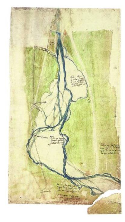 Plano topogr&aacute;fico con los r&iacute;os Arno y Mugnone, al oeste de Florencia (1504), acuarela de Leonardo da Vinci.