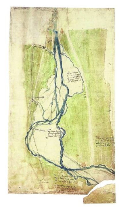 Plano topogr&aacute;fico con los r&iacute;os Arno y Mugnone, al oeste de Florencia (1504), acuarela de Leonardo da Vinci.