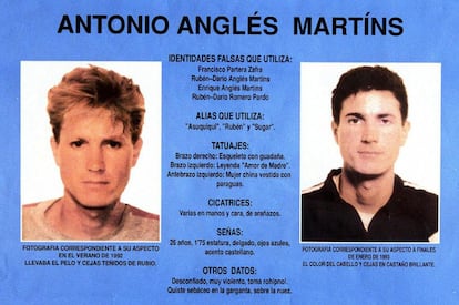 Fotografía de archivo datada el 23 de marzo de 1993 del cartel editado por el Ministerio del Interior para la búsqueda de Antonio Anglés Martíns. La sala de lo contencioso-administrativo de la Audiencia Nacional declaró, 4 de julio de 2005, la responsabilidad patrimonial del Estado por la concesión en 1992 de un permiso penitenciario a Antonio Anglés, quien no regresó a prisión y que meses después supuestamente asesinó a tres niñas de Alcàsser (Valencia).