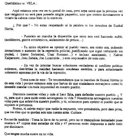 Carta de amenaza enviada al concejal socialista de Andoain José Luis Vela.