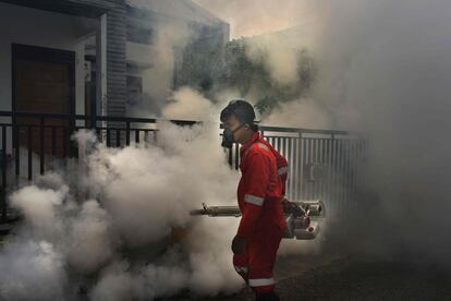 Un trabajador lleva a cabo una fumigación de mosquitos para minimizar los casos de dengue, que ha aumentado en la zona de Banda Aceh (Indonesia).