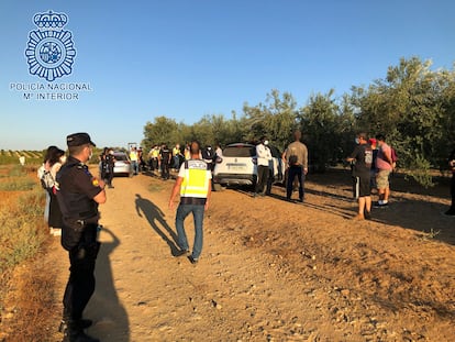 Agentes de la Policía Nacional durante la detención de un clan familiar que explotaba laboralmente a sus trabajadores en Carmona (Sevilla).