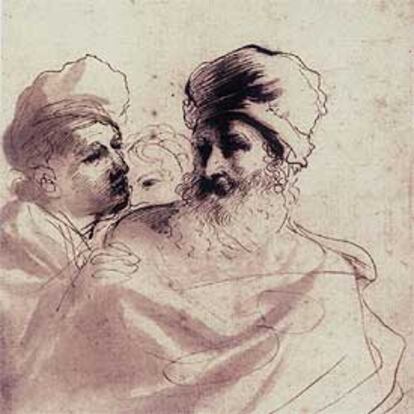 <i>Dos hombres discutiendo</i>, de Guercino, hacia 1650, pluma, tinta parda y aguada parda.