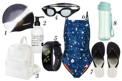 1. Gorro de natación de Speedo (9,50 euros). 2. Crema hidratante de cuerpo con dosificador de Crea-m (24,95 euros). 3. Mochila pequeña de Urban Outfitters (34 euros). 4. Gafas de bucear de Speedo (24,50 euros). 5. Pulsera Gear Fit2 Pro de Samsumg para Speedo, para que puedas hacer un seguimiento del ejercicio (desde 159 euros).  6. Bañador de Rixo London a la venta en net-a-porte.com (138 euros).7. Chanclas de Havaianas (rebajadas a 13,95 euros). 8. Botella de agua de H&M (7,99 euros).