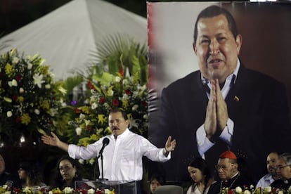 El presidente nicaraguense, Daniel Ortega durante un evento conmemorando el fallecimiento de Hugo Ch&aacute;vez.