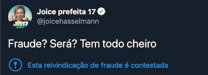 Tuite de Joice Hasselmann alegando fraude. A postagem foi marcada pelo twitter como "reinvindicação de fraude contestada".