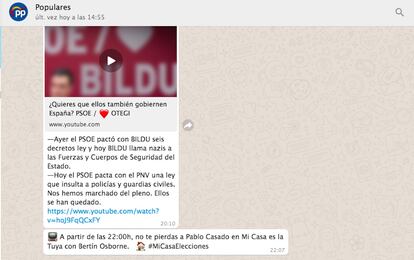 Uno de los mensajes de WhatsApp del canal oficial del Partido Popular