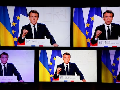 El presidente francés, Emmanuel Macron, el miércoles en una declaración televisada sobre el conflicto de Ucrania.