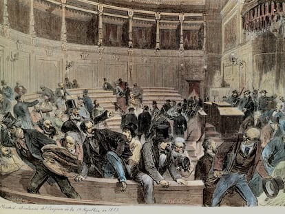 Disolución del Congreso de la Primera República, el 3 de enero de 1874. Golpe de Pavía en la Asamblea Nacional. Grabado del siglo XIX de Manuel Miranda y Capuz.