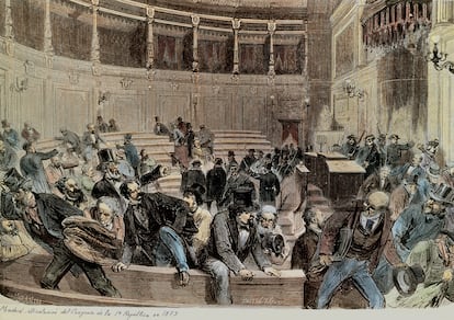 Disolución del Congreso de la Primera República, el 3 de enero de 1874. Golpe de Pavía en la Asamblea Nacional. Grabado del siglo XIX de Manuel Miranda y Capuz.