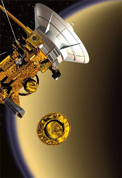 Recreación del alejamiento de la sonda <i>Huygens</i> de <i>Cassini</i> cerca de Saturno.