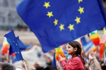 Manifestación en la Piazza del Popolo de Roma a favor de Europa, este sábado.