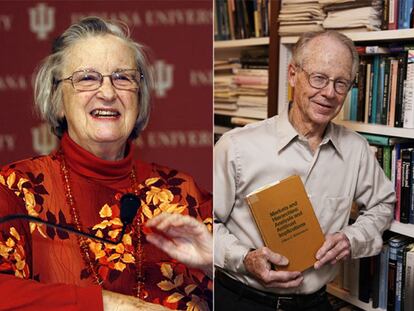 Elinor Ostrom tras conocer que ha sido galardonada con el Nobel de Economía 2009. Al lado, Oliver E. Williamson, el otro premiado.