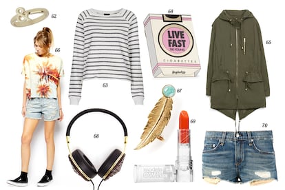 62. Topshop Anillo símblo '&'. 63. Topshop Sudadera de rayas. 64. Yazbukey Clutch en forma de paquete de tabaco. 65. Zara Parka larga. 66. Asos. 67. Leivankash Ear cuff con pluma y piedra. 68. Frends Auriculares forrados con piel con grabado de pitón. 69. Models Own Barra de labios. 70. Rag & Bone Shorts vaqueros con detalles desgastados.