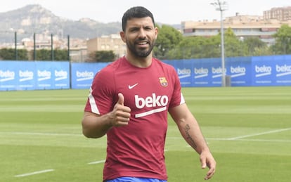 Sergio Kun Agüero, en su primer entrenamiento de pretemporada con el Barcelona.