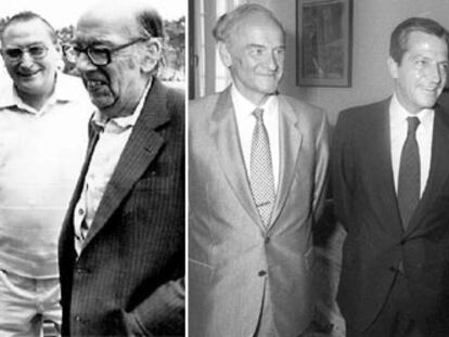 A la izquierda, Rafael Alberti y J. L. López Aranguren, en 1982. A la derecha. José Mario Armero, Adolofo Suaréz y Santiago Carrillo, en 1990.