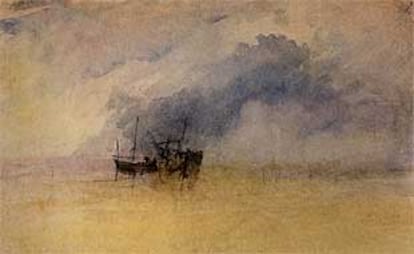 <b></b><i>Barcos encallados en el arenal</i>, hacia 1830, una de las acuarelas de la exposición de Turner.