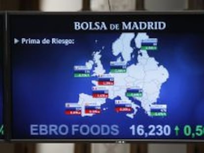 Monitor de la Bosa de Madrid que muestra, entre otros valores, la prima de riesgo de Espa&ntilde;a, que mide la confianza del mercado en la deuda soberana espa&ntilde;ola.