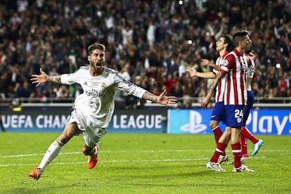 Sergio Ramos celebra su gol en la final de Lisboa hace dos años.