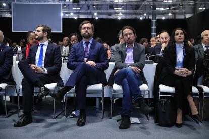 Pablo Casado (PP), Iván Espinosa de los Monteros (Vox), Pablo Iglesias (Podemos), e Inés Arrimadas (Ciudadanos), durante la ceremonia de apertura de la COP25.