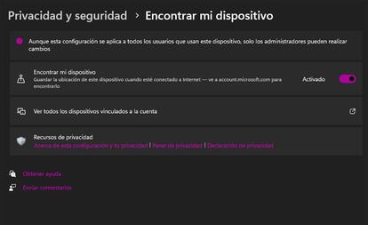 Opción para activar Buscar mi dispositivo en Windows 11