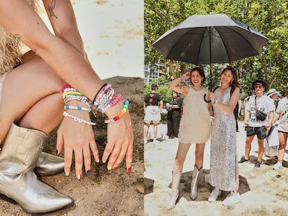 Los 'friendship bracelets', los brazaletes de la amistad que se intercambian las 'swifties' mientras esperan para entrar al estadio. A la derecha, Carmen Jáudenes, de  26 años y Marissa Blanco, de 26 años, aguantando el calor bajo una sombrilla en la cola.