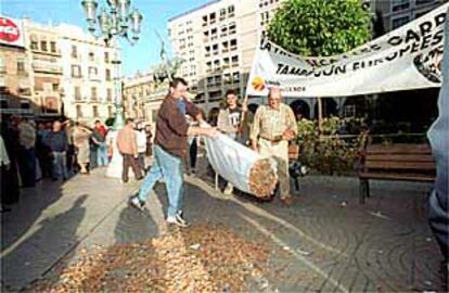 Los payeses vaciaron  ayer sacos de almendras en las calles de Reus.