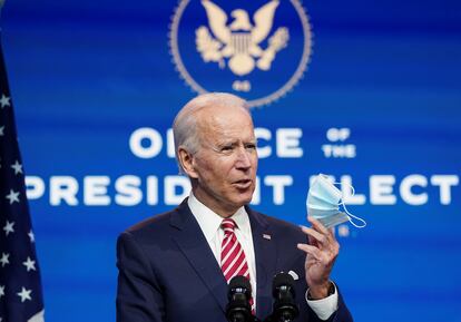 O presidente eleito, Joe Biden, durante um pronunciamento nesta segunda-feira, em Wilmington, Delaware.