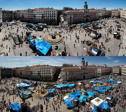 La Puerta del Sol, el domingo, con campamento, y hoy con el campamento desmantelado.