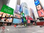 NEW YORK, NEW YORK - AUGUST 27: Times Square sits empty as the city continues Phase 4 of re-opening following restrictions imposed to slow the spread of coronavirus on August 27, 2020 in New York City. The fourth phase allows outdoor arts and entertainment, sporting events without fans and media production. (Photo by Noam Galai/Getty Images)