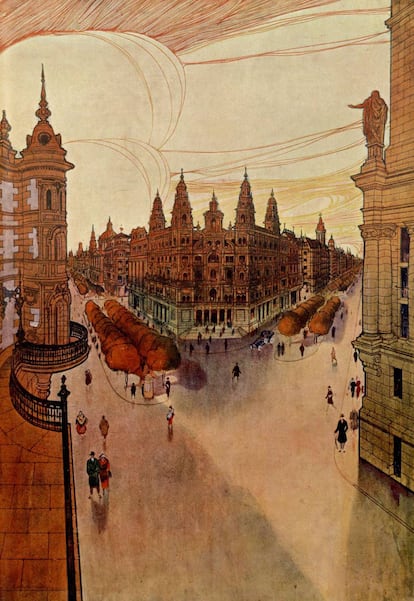 La futura avenida de Alfonso XIII, que iría desde Bilbao hasta la Puerta de Toledo, con edificios eclécticos y señoriales.