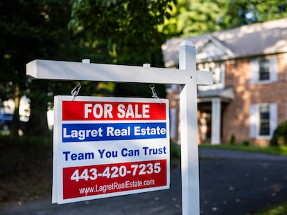 A real estate sign outside a single-family home in Potomac, Maryland, in August 2023.