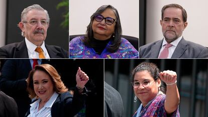 Arriba, los ministros de la Suprema Corte que están en contra de la reforma judicial: Luis María Aguilar, Norma Piña y Jorge Pardo. Abajo, Yasmín Esquivel y Lenia Batres, que están a favor.