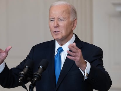 US President Joe Biden delivers remarks in the State Dining Room of the White House in Washington, DC, USA, 13 February 2024.