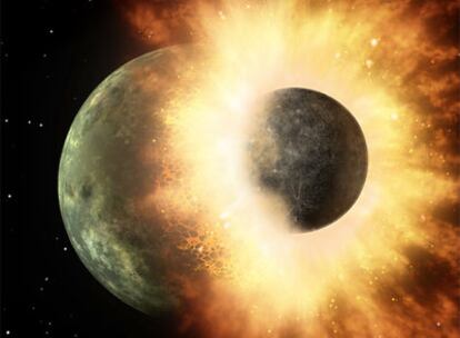 Recreación que muestra un cuerpo celeste del tamaño de la Luna dirigiéndose a gran velocidad hacia un planeta del tamaño de Mercurio