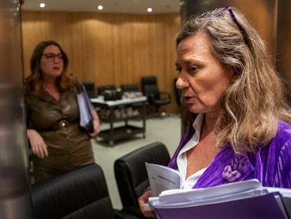 La secretaria de Estado de Igualdad, Ángela Rodríguez (izquierda), y la delegada del Gobierno contra la Violencia de Género, Victoria Rosell, este miércoles en el Congreso.