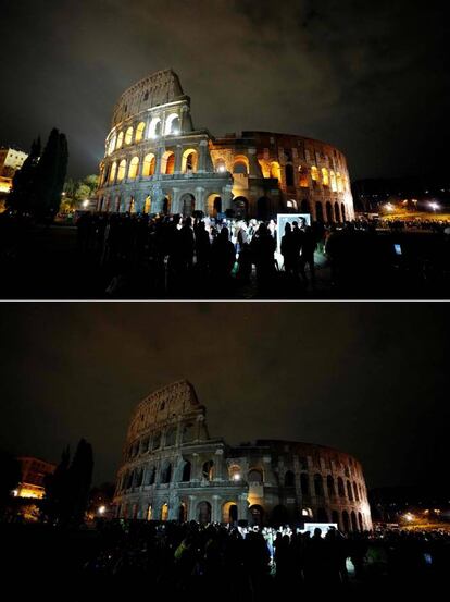 estas dos imágenes muestra el antiguo Coliseo iluminado y en la oscuridad durante la iniciativa de la Hora del Planeta en Roma, Italia.