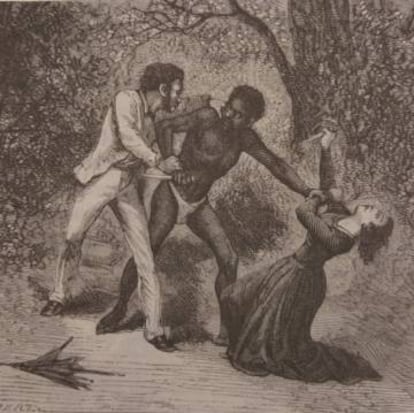 Un esclavo ataca a Ida en Brasil, 'Voyages autour du monde de Mme Ida Pfeiffer' (1885).