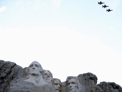 An aerial flypast takes place over Mt. Rushmore during South Dakota's U.S. Independence Day Mount Rushmore fireworks celebrations in Keystone, South Dakota, U.S., July 3, 2020.