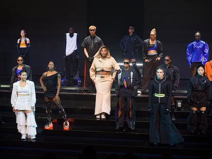 The Nike-sponsored athletes line up at the event in Paris. 