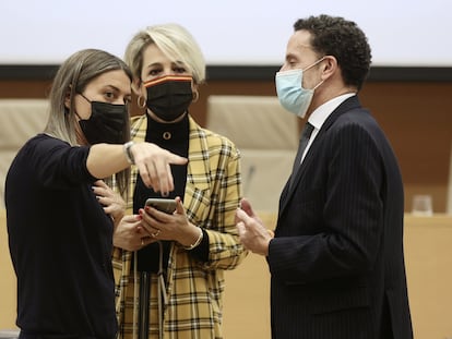 Desde la izquierda, Míriam Nogueras (Junts), Inés Cañizares (Vox) y Edmundo Bal (Cs), el pasado martes en el Congreso.