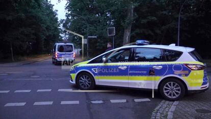 Police patrol during a search operation for a dangerous wild animal near the village of Kleinmachnow.