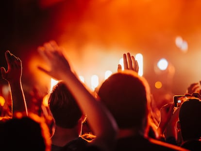 Fans de frente a un escenario de un concierto masivo.