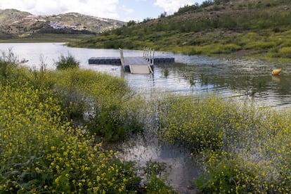 El embalse de La Viñuela tras las lluvias de los últimos días, en la comarca de la Axarquía (Málaga), este lunes.
