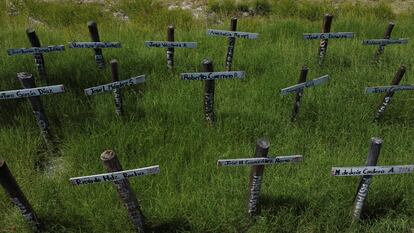 Cruces que representan a algunos de los mineros fallecidos cerca de la mina de Pasta de Conchos, el 13 de junio.