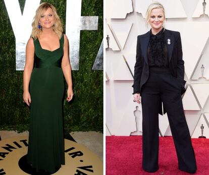 La actriz y humorista Amy Poehler, en los premios Oscar de 2013 y en los de 2019.