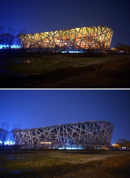 Esta combinación de fotografías muestra el Estadio Nacional, conocido como el Nido de Pájaro, con las luces encendidas y con las luces apagadas durante el evento anual de la Hora del Planeta en Beijing.