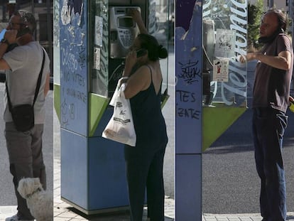 Arriba, tres ciudadanos intentan usar a diferentes horas el teléfono público de la calle Hacienda de Pavones, en Madrid, sin servicio el martes.