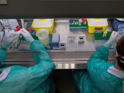 Personal sanitario trabaja con muestras positivas de Covid-19 en el laboratorio de un hospital español.